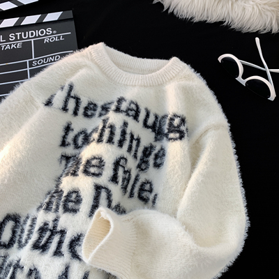 美式秋冬季水貂毛套头圆领毛衣情侣加厚字母宽松慵懒风针织衫外套