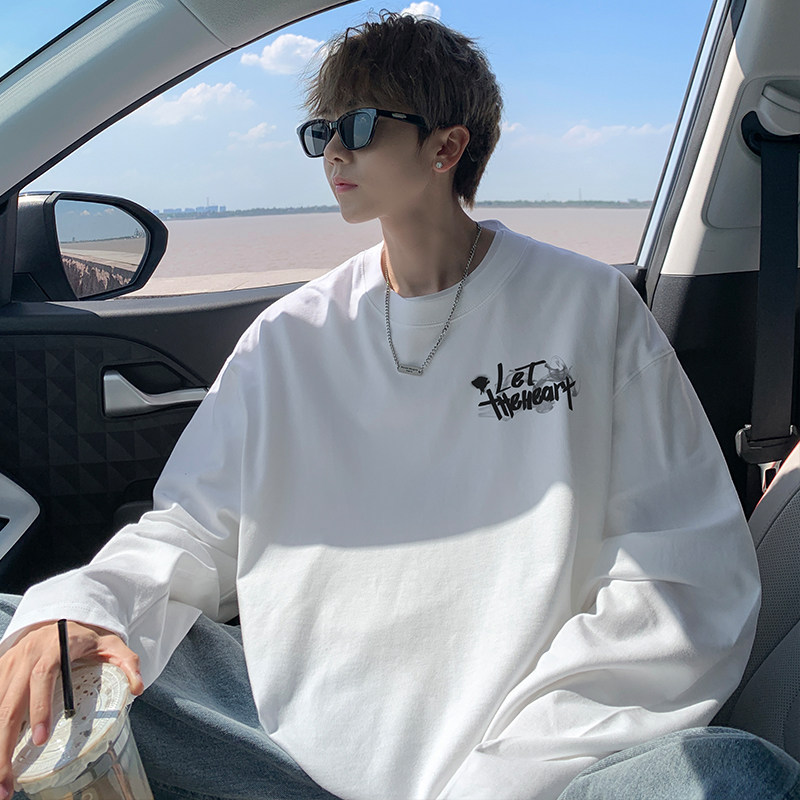 长袖t恤男2025新款春秋季纯棉白色打底衫圆领宽松美式潮牌上衣