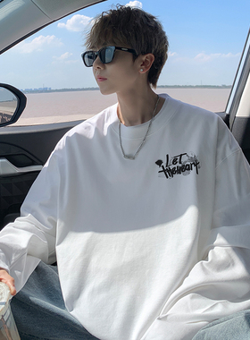 长袖t恤男2025新款春秋季纯棉白色打底衫圆领宽松美式潮牌上衣