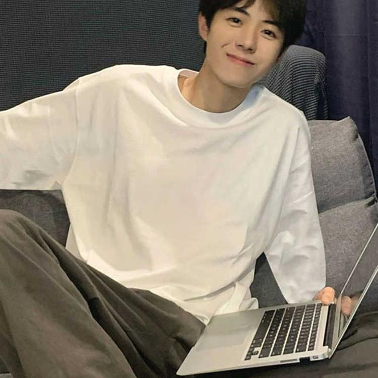 美式重磅正肩长袖T恤男生2024秋冬季穿搭少年感纯棉内搭打底衫男
