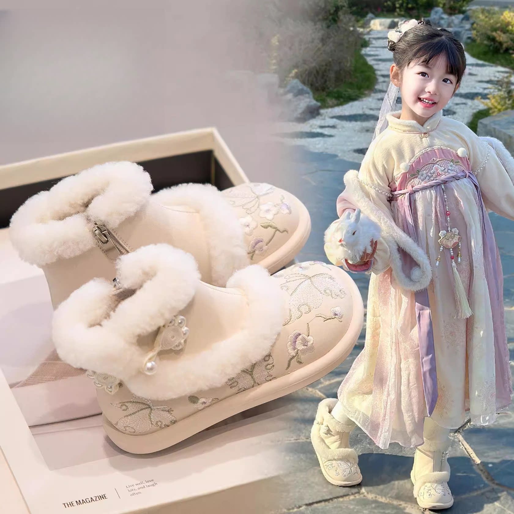 女童雪地靴2025新款冬季毛毛鞋儿童靴子大棉鞋加绒鞋秋冬款汉服鞋