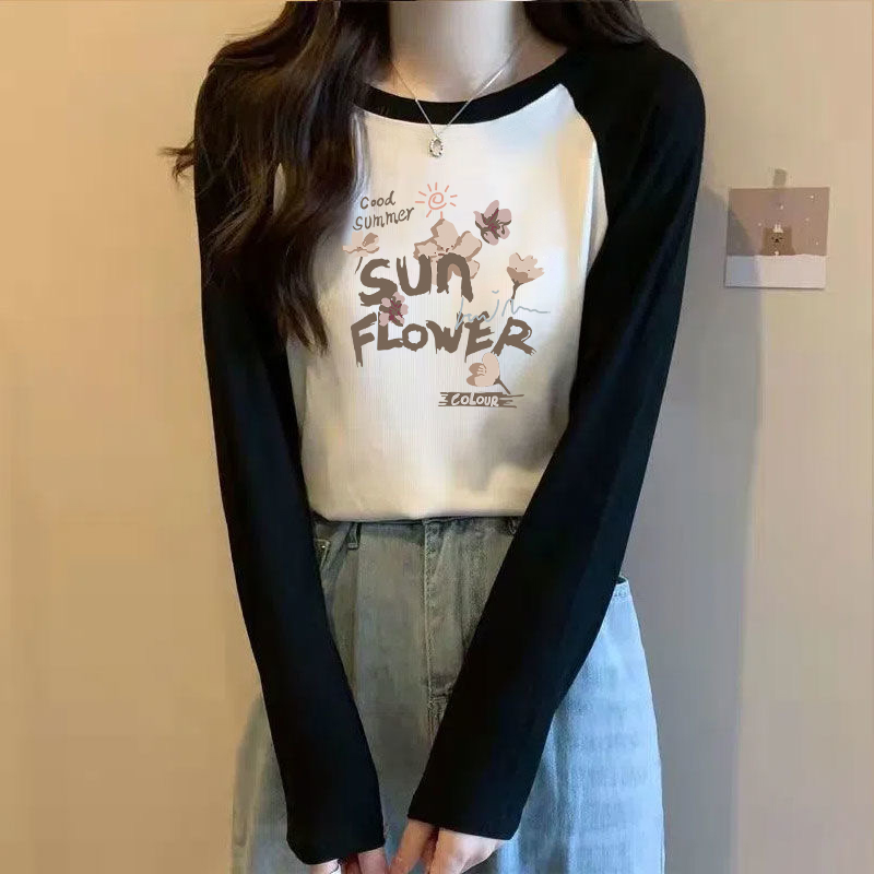 长袖T恤纯棉印花女宽松撞色