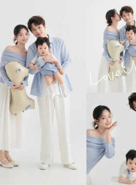 全家福摄影家庭装一家三口亲子装影楼拍照周岁亲子摄影蓝色系套装