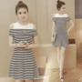 Mùa hè 2019 mới cỡ lớn thời trang nữ quây Một chiếc váy chữ trong phần dài là sọc mỏng khâu váy - A-Line Váy váy suông chữ a cho người béo