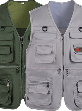 春秋中年男士V领马甲多口袋坎肩背心马甲爸爸装户外摄影钓鱼马夹