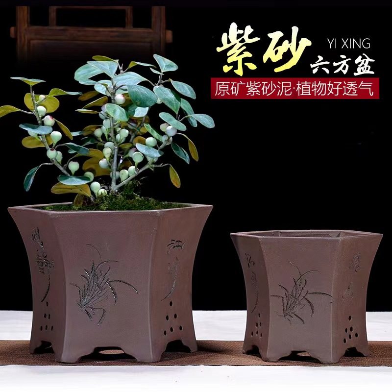 紫砂花盆六角方形兰花花盆陶瓷大号客厅阳台庭院花卉绿植盆栽花盆