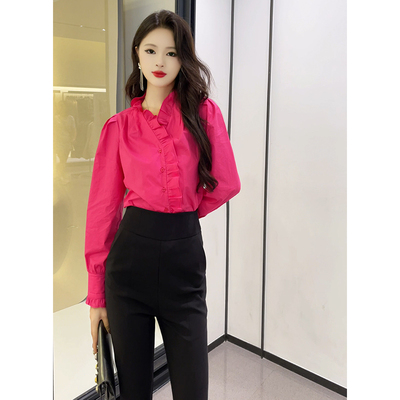 格润雅设计感长袖衬衫高腰微喇裤