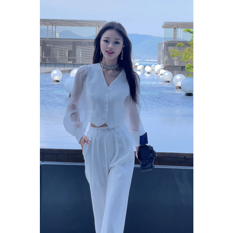 格润雅2025夏季拼接v领套装裤