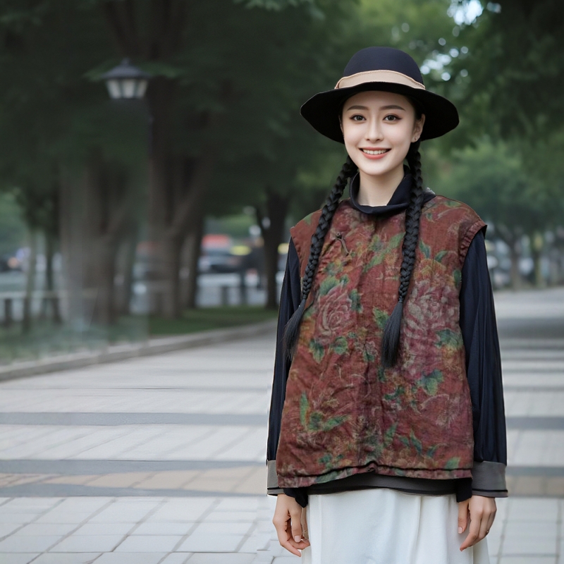 做旧慵懒宽松印花亚麻夹棉马夹女