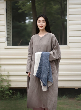 全衣染亚麻小众褶皱肌理V领宽松连衣裙 知笔墨2024秋大码女装袍子