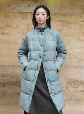 知笔墨95白鹅绒海盐蓝羽绒服 冬日暖白穿搭长绒棉立领滑雪外套女