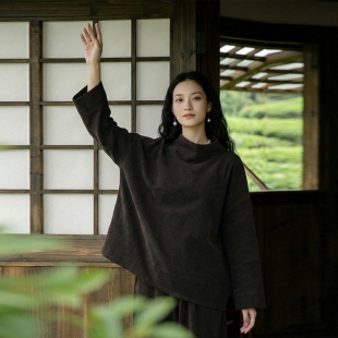 套头衫 知笔墨原创香云纱宽松半高领上衣女 2026春柞蚕丝肌理长袖