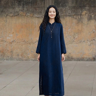 知笔墨2026春季 文艺气质感23MM真丝提花莨纱立领旗袍裙