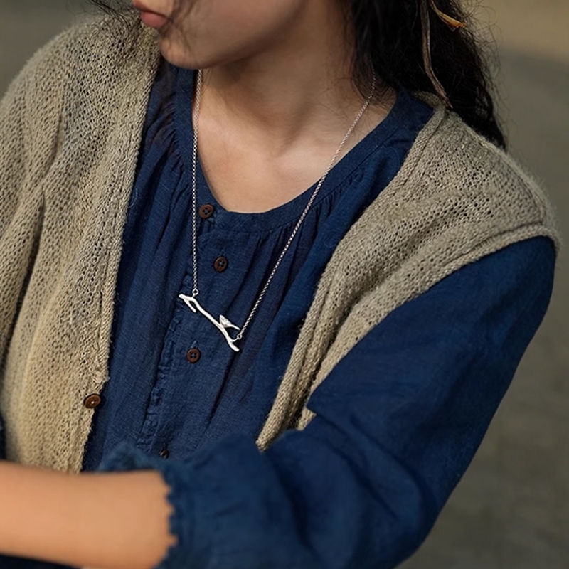 999银文艺设计立枝小鸟项链女