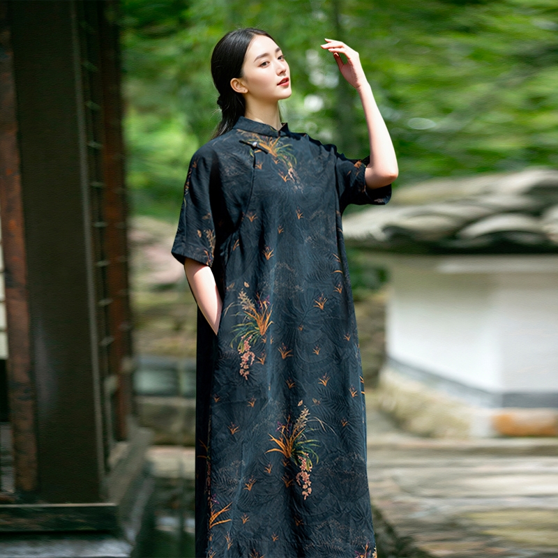 复古中式重磅真丝香云纱连衣裙女