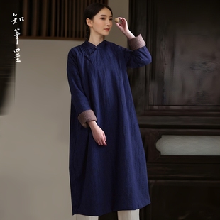 冬复古中式 斜襟立领民族风棉袄 藏蓝色棉麻保暖羊羔绒宽松棉袍子