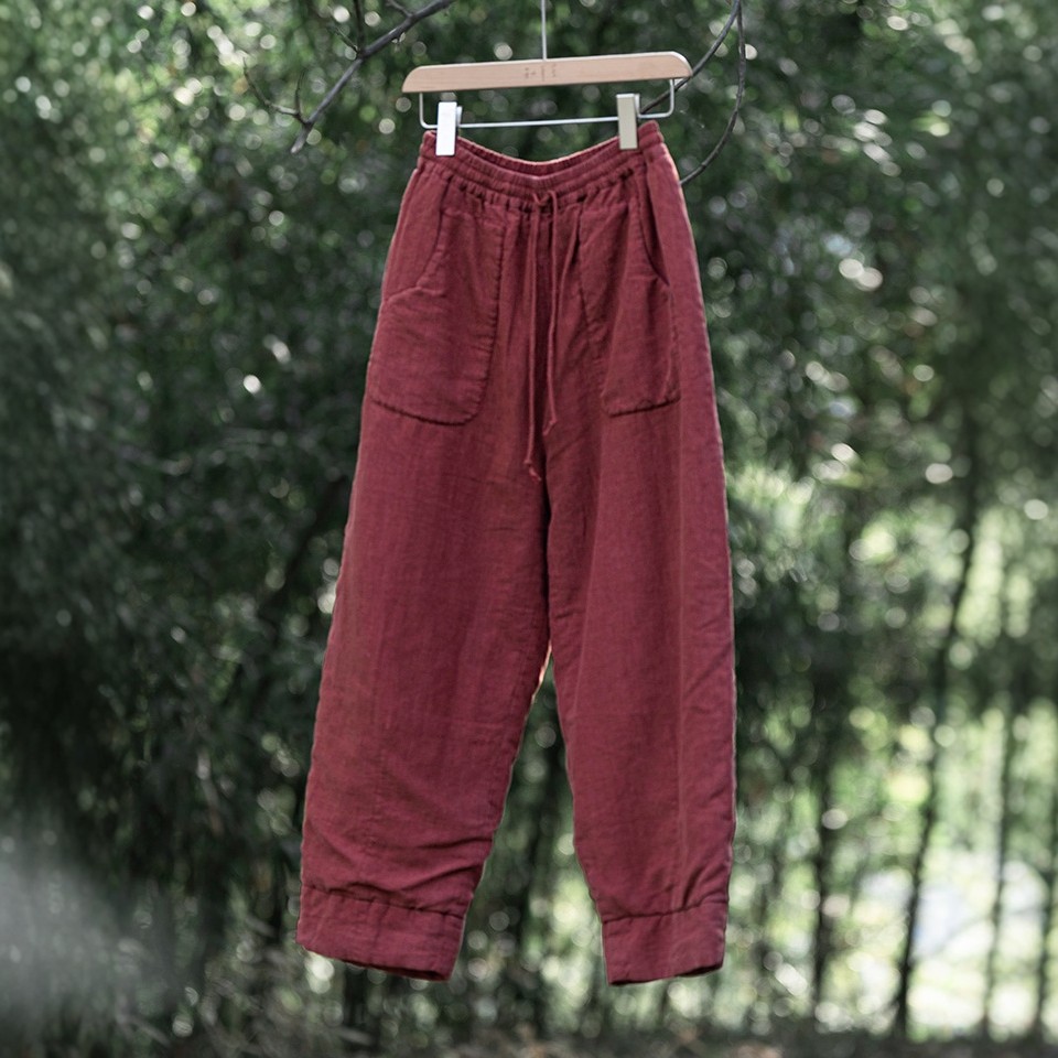 红色亚麻宽松休闲国风棉裤 知笔墨冬不臃肿夹棉松紧腰长裤,女装/女士精品,棉裤/羽绒裤,淘宝优惠券,粉丝福利购,淘宝优惠卷