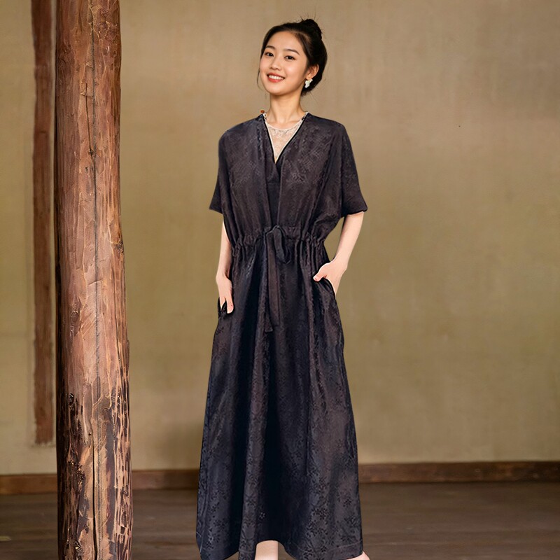 黑色花萝香云纱V领宽松袍子 知笔墨2025年夏季高端太太服长裙子