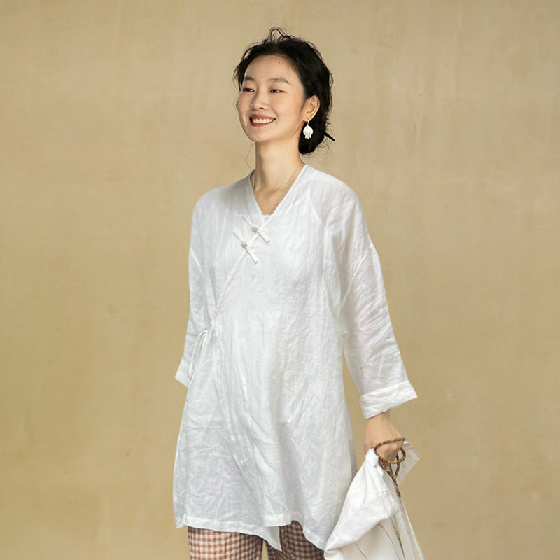 知笔墨白色中式盘扣亚麻茶服衬衫 2024夏禅意防晒开衫上衣女
