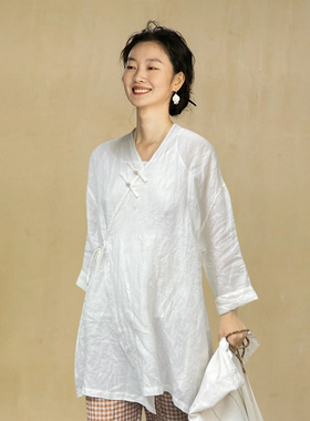 知笔墨白色中式盘扣亚麻茶服衬衫 2024夏禅意防晒开衫上衣女