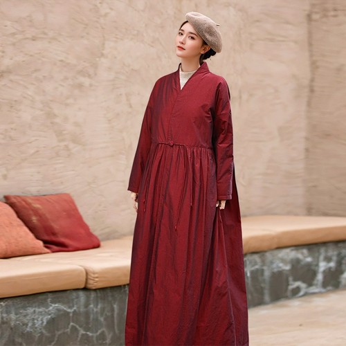 酒红色夹棉加厚长款连衣裙棉袍