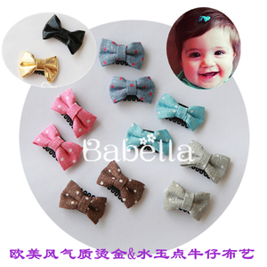 欧美纯手工婴幼儿童发量少毛发夹烫金布艺牛仔蝴蝶结宝宝安全夹饰