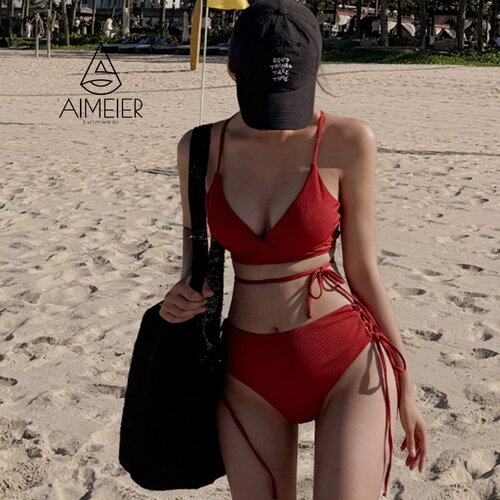 红色V领分体比基尼女针织纹理交叉扭结遮肚显瘦温泉海边度假辣妹