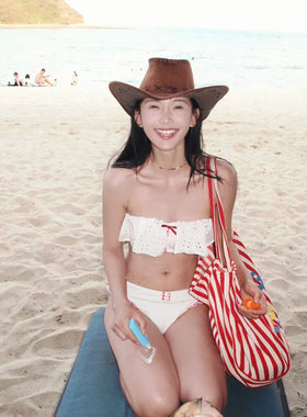 度假风分体泳衣女抹胸比基尼白色性感沙滩泳装海边度假泳衣高颜值