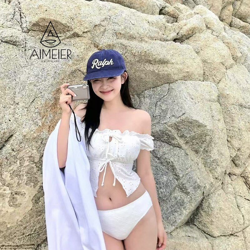法式浪漫风一字肩蕾丝分体泳衣女三角带胸垫沙滩度假显瘦女士性感