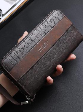 CarrKen新款欧美男士鳄鱼纹商务手包 大容量拼接撞色拉链长款钱包