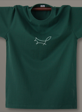 创意趣味 简约小狐狸 原创 男生纯棉圆领短袖T恤 墨绿色 宽松清新