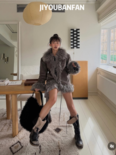 Sandric|JYBF DESIGNER小众黑色高级时髦感大翻领拼接毛领外套