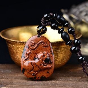 喜柿连猪金丝红曜石2026年生肖虎吊坠吉祥物项链红黑曜石玉石挂件