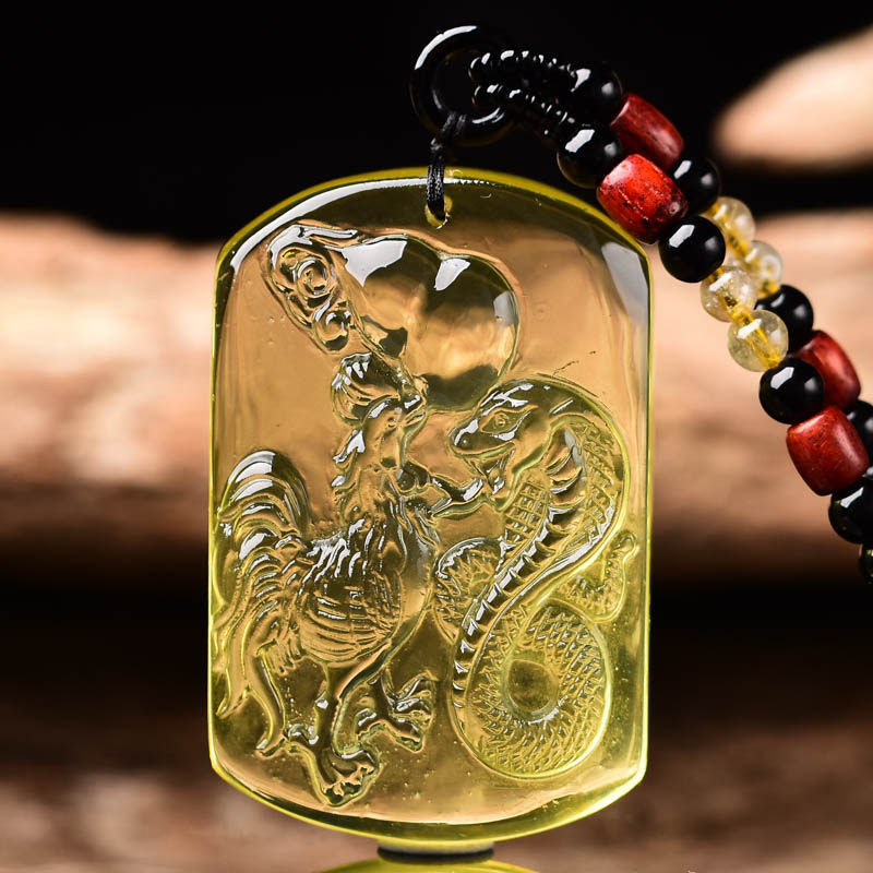 鸡蛇拱禄吊坠2024年属牛三合吉祥物蛇鸡展吉运黄水晶吊坠
