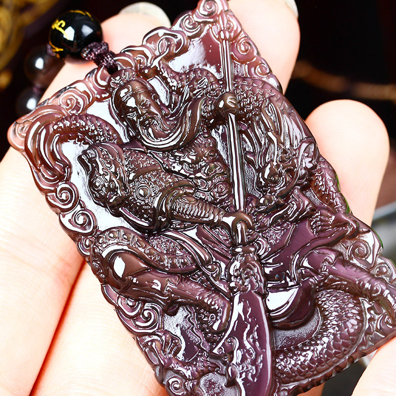 天然冰种彩虹眼黑曜石全紫红眼冰彩黑曜石翔龙关公关羽吊坠