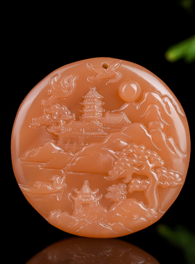 玉翡缘新疆和田玉糖料山水意境牌吊坠天然且末糖玉男女白鹤山水松