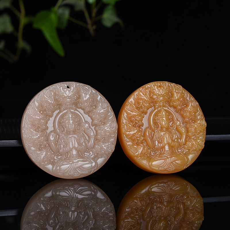 青峰玉器新疆和田玉观音糖玉双面雕九龙护主观音吊坠乘龙观音玉坠