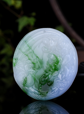 新疆翠青凤戏牡丹吊坠凤凰孔雀玉牌玉坠吉祥富贵玉石挂件预圆牌项