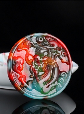 鸡血玉龙牌吊坠男女款和田玉生肖龙挂件金丝玉彩玉龙玉牌项链