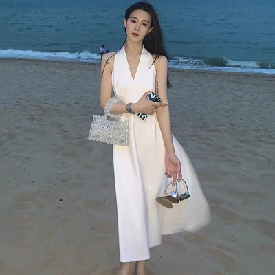 法式大码白色洋气性感连衣裙A字