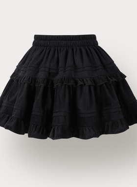 女童法式甜美蛋糕裙春季丝绒a字短裙高腰百搭松紧腰木耳边半身裙