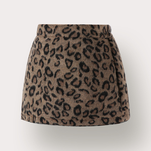 女童豹纹复古半身裙冬春高级感A字包臀裙显瘦防走光毛呢一步短裙
