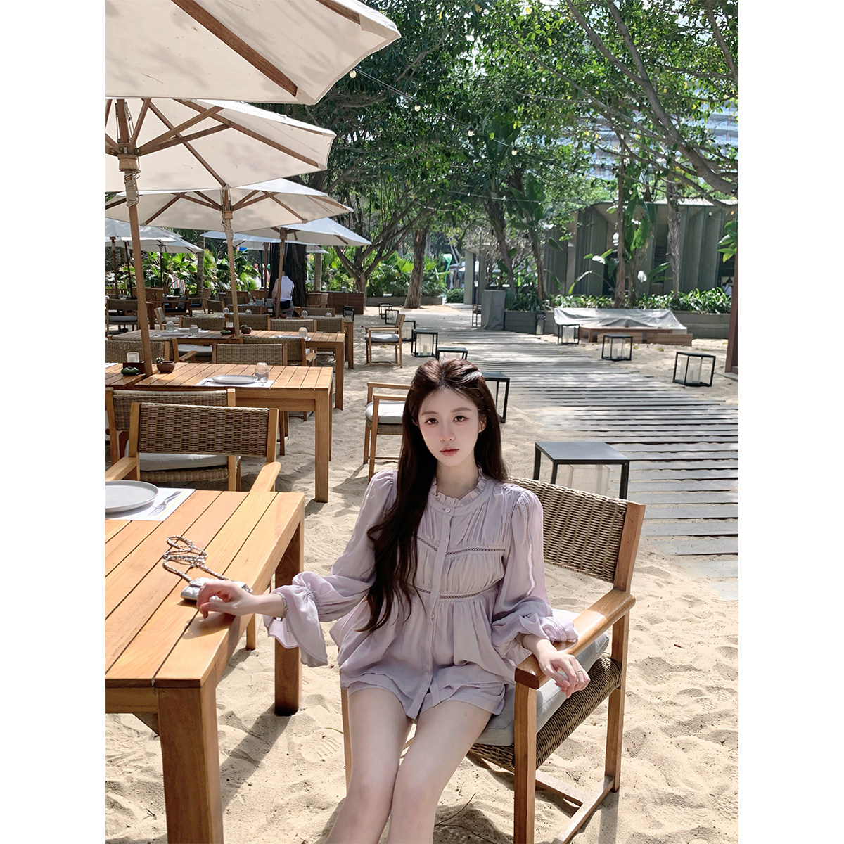 萌萌Ja 胭紫风落~甜美温柔风套装莱塞尔紫色衬衫上衣减龄休闲短裤