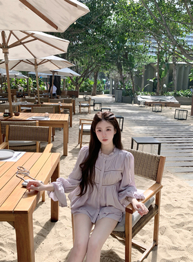 萌萌Ja 胭紫风落~甜美温柔风套装莱塞尔紫色衬衫上衣减龄休闲短裤