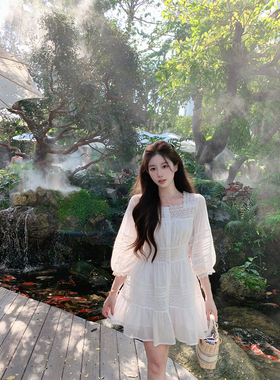 萌萌Ja 柔焦幻境~南法白月光全棉蕾丝重工系带白色连衣裙气质短裙