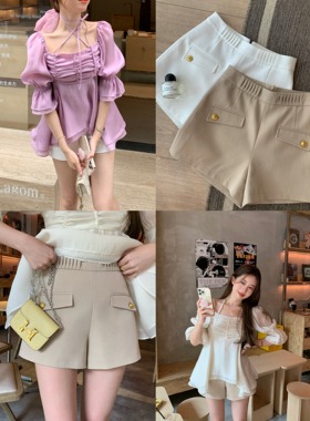 萌萌Ja 复古金扣高腰卡其色女团短裤女夏白色休闲裤韩版百搭裤子