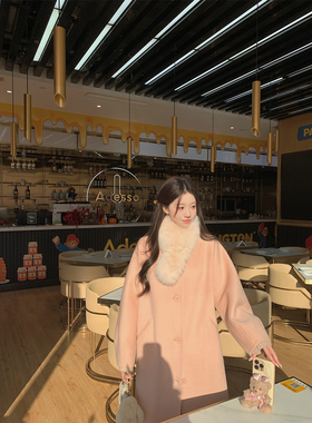 萌萌Ja 莫圣里茨微光 菊粉全羊毛双面呢长款大衣女冬毛领宽松外套