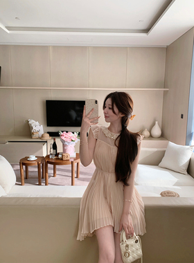 萌萌Ja 中古茉莉~浅杏色甜美温婉百褶短裙仙女裙小飞袖系带连衣裙