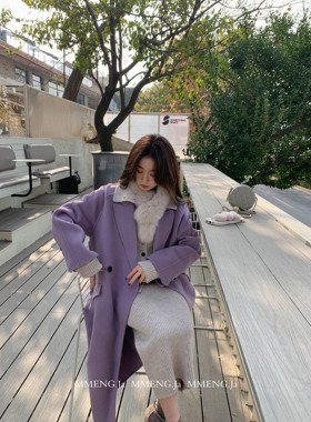 MMENGJA」法式童话镇 小众紫色手工双面呢大衣女中长款外套女秋冬