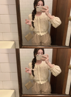 萌萌Ja 曼塔来信~甜美复古衬衫蕾丝泡泡袖衬衣淡奶黄全棉气质上衣